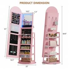 HWB 带储物功能的镜面珠宝柜、带全身镜和 360° 旋转装置的拱形珠宝柜、带后置储物架和挂钩的立式珠宝架收纳架、可上锁的返校宿舍储物柜 - 粉色 - 查看 3