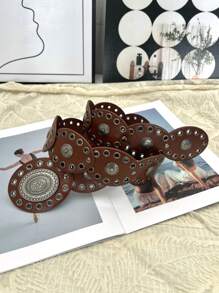 1pc Bohemian PU Leather Concho Cinch Waist Metal Studded Decor Belt, Versatile Accessory For Skirts, Pants, Suitable For Western Cowgirl, Y2K, Punk Style