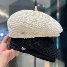 1Piece Men Solid Color Mesh Beret Side Silver Clasp Versatile Beret Outdoor Sunscreen Leisure Hat Spring Autumn Travel Tourism Beach Vacation - 卡其色 - 查看 3