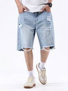 Men's Summer Light Wash Distressed Denim Shorts, US Street Fashion Casual Loose Fit Bermuda Jeans Shorts, Suitable As Gift For Boyfriend Or Husband - Blue - View 6