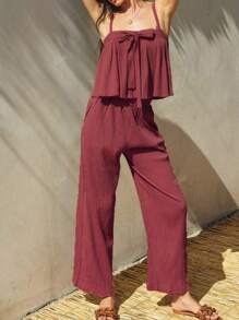 2pcs Set Solid Color Butterfly Strap Camisole Top & Pants