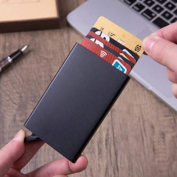 1pc Fashionable Anti-Counterfeit RFID Aluminum Wallet With Pop-Up Card Slot - Unisex Slim Business Credit Card Case