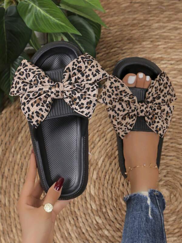 Sexy Leopard Print Bow Decor Women's Slippers, Casual Beach Party Sandals, Comfortable Versatile Indoor/Outdoor Slides, Summer Daily Wear, Great Mother's Day Gift