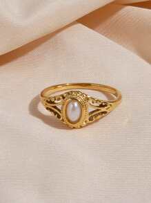 1pc Vintage Simple Style Stainless Steel Pearl Ring, Elegant Accessory For Women, Suitable For Party Wear