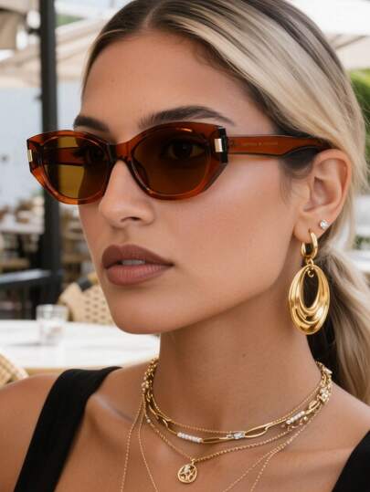 1 PC Women's Acrylic Casual Retro Small Frame Cat Eye Fashion Eyewear Suitable For Daily Outfits, Holiday Gifts And Holiday Outings Color Blocking Boho Vacay Vibes For Summer Beach Vacation,Outdoor,Travel