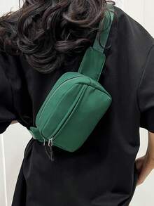 春季新款尼龙PU休闲简约腰包跑步运动胸包多功能斜挎胸包时尚女式迷你胸包手机袋零钱包旅行百搭 - 墨綠色 - 查看 2