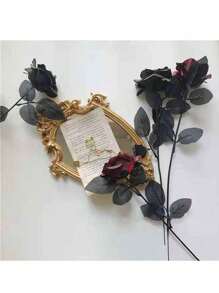 1/5 Ramos de rosas negras simuladas. En el estilo de fotografía gótico y oscuro. Para decoración de boda, decoración de habitación, decoración de fiesta como un accesorio para tomar fotos, para arreglar flores en jarrones, decoración del hogar y decoraciones del Día de San Valentín. Estas son flores artificiales muy realistas. No se incluyen los jarrones, pero se proporcionan los accesorios del ramo.