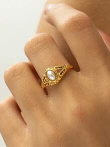 1pc Vintage Simple Style Stainless Steel Pearl Ring, Elegant Accessory For Women, Suitable For Party Wear