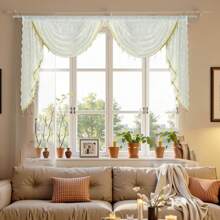 1pc Rod-Pocket Floral Embroidered Valance Panel With Tassels - Fits Any Curtain Rod, No Hardware Included