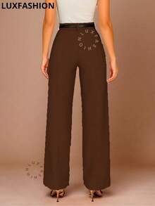 Women's Wide Leg Elegant Tailored Pantaloons With Belt - Nâu sẫm - Xem 4