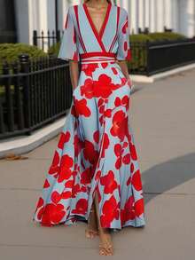 Women Belted Short Sleeve Dress Casual Summer Floral Print V-Neck Wrap A-Line Party Dress For Cocktail Streetwear - 紅色 - 查看 4