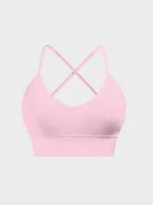 1-Piece Women's Seamless Knit Ribbed Sexy Bra, Wireless Cross Strap Backless Sports Bra - Dusty Pink - View 8