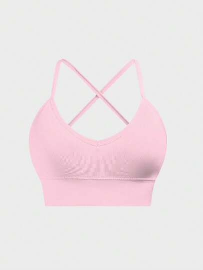 Piece Seamless Knit Ribbed Verleidelijke Bra, Wireless Cross Strap Backless Sports BH view 7