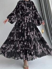 Vestito lungo e sottile da donna per l'estate, con stampa su tutto il corpo, cintura e fodera