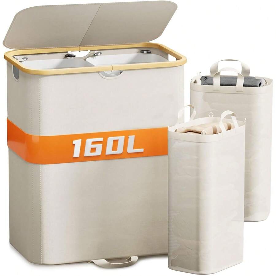 Cesto de ropa sucia con tapa y bolsas extraíbles, 150L, plegable y grande, con 2 divisores, cesta para ropa sucia con asas, organizador de cesta de lavandería doble de color beige para dormitorio, cuarto de lavado, universidad - Beis - Ver 1