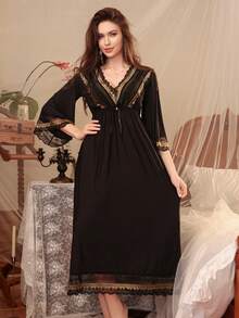 1pc Women's Sexy Silky, Heart Print Lace Patchwork Off-Shoulder Maxi Dress With Slit, Suitable For All Seasons