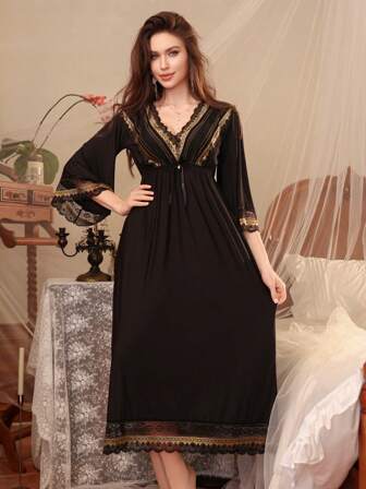 1pc Women's Sexy Silky, Heart Print Lace Patchwork Off-Shoulder Maxi Dress With Slit, Suitable For All Seasons