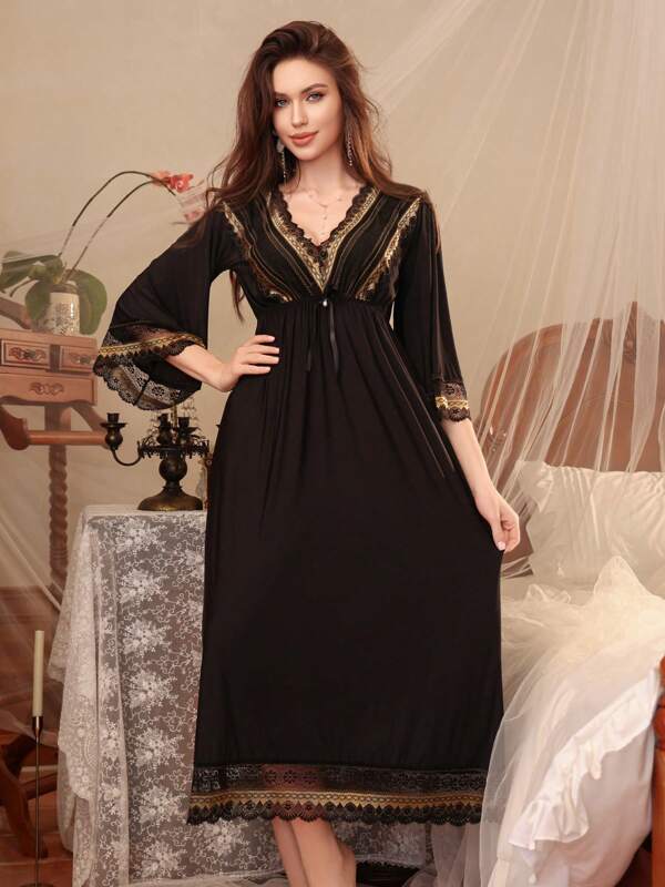 1pc Women's Sexy Silky, Heart Print Lace Patchwork Off-Shoulder Maxi Dress With Slit, Suitable For All Seasons