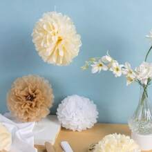 9 pièces Pompons en papier de style bohème Champagne Neutre Décorations de fête Fleurs en papier blanc crème et marron clair pour mariages, anniversaires, fiançailles, baby-showers, fêtes de style bohème