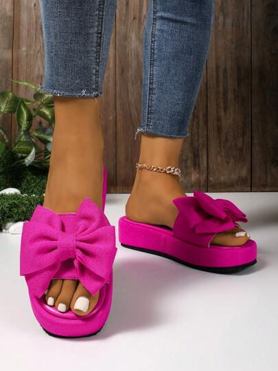 Plus Size Women's Solid Color Bowknot Slippers, European And American Style Thick-Soled Elevated Platform Beach Flip Flops