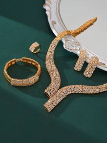 Parure de bijoux européenne et américaine de 4 pièces avec zirconium cubique vert : collier, boucles d'oreilles, bague, bracelet - convient pour la robe de mariée du Moyen-Orient, la mariée de Dubaï, la robe de soirée arabe