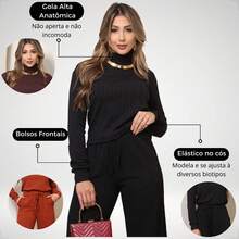 SILK ROUTE Women's Wool Set, Wide Leg Trousers And Turtleneck Blouse, Winter - 黑色 - 查看 6