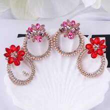 1 Par de Brincos de Pérola Simples Imitando Flor Redonda com Strass Colorido, Adequado para Usar no Dia a Dia, em Casamentos, Banquetes e Festas