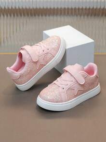 1 Pair Girls Glitter Star Decor Lightweight Flat Sport Shoes, Comfortable Non-Slip Casual Outdoor Shoes, All Season - Pink - View 2