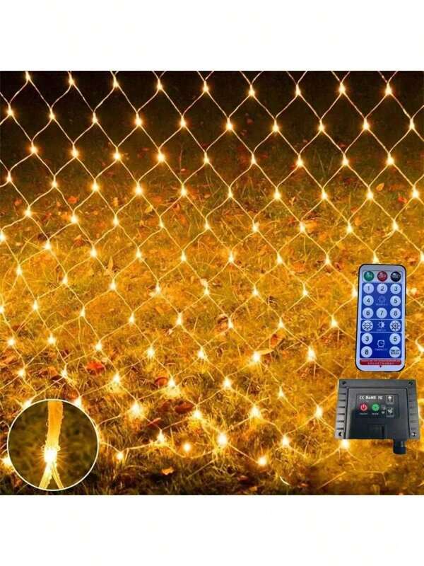 1pc Solar Net Lights 96/192 LEDs Transparent Wire Waterproof 8 Lighting Modes Auto On/Off With Remote Controll, Outside Garden Twinkle Lights For Patio Wall Roof Balcony Christmas Halloween Decor Fairy Lights, 4.94.9Ft/9.8ft6.6ft