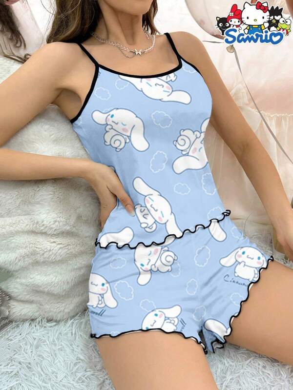 Sanrio 2 pezzi Set da pigiama con Hello Kitty, con maglietta con stampa di lettere a cartone animato e pantaloncini, abbigliamento comodo da casa