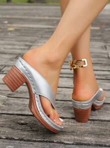 Plus Size Women's Boho Style Thick Heel Thong Sandals, Nude Color, Ultra-Light And Soft, Fashionable Versatile Comfortable Outdoor Casual Vacation Must-Have Slip-On Platform Clogs