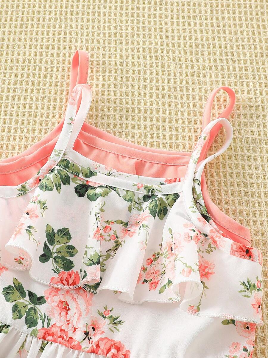 2pcs/Set Girls Floral Print And Solid Color Strap Casual Dress, Suitable For Summer Beach Outdoor Holiday Wear - Multicolor - View 1