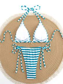 Conjunto de bikini sexy con estampado de rayas y escote halter para la playa de vacaciones