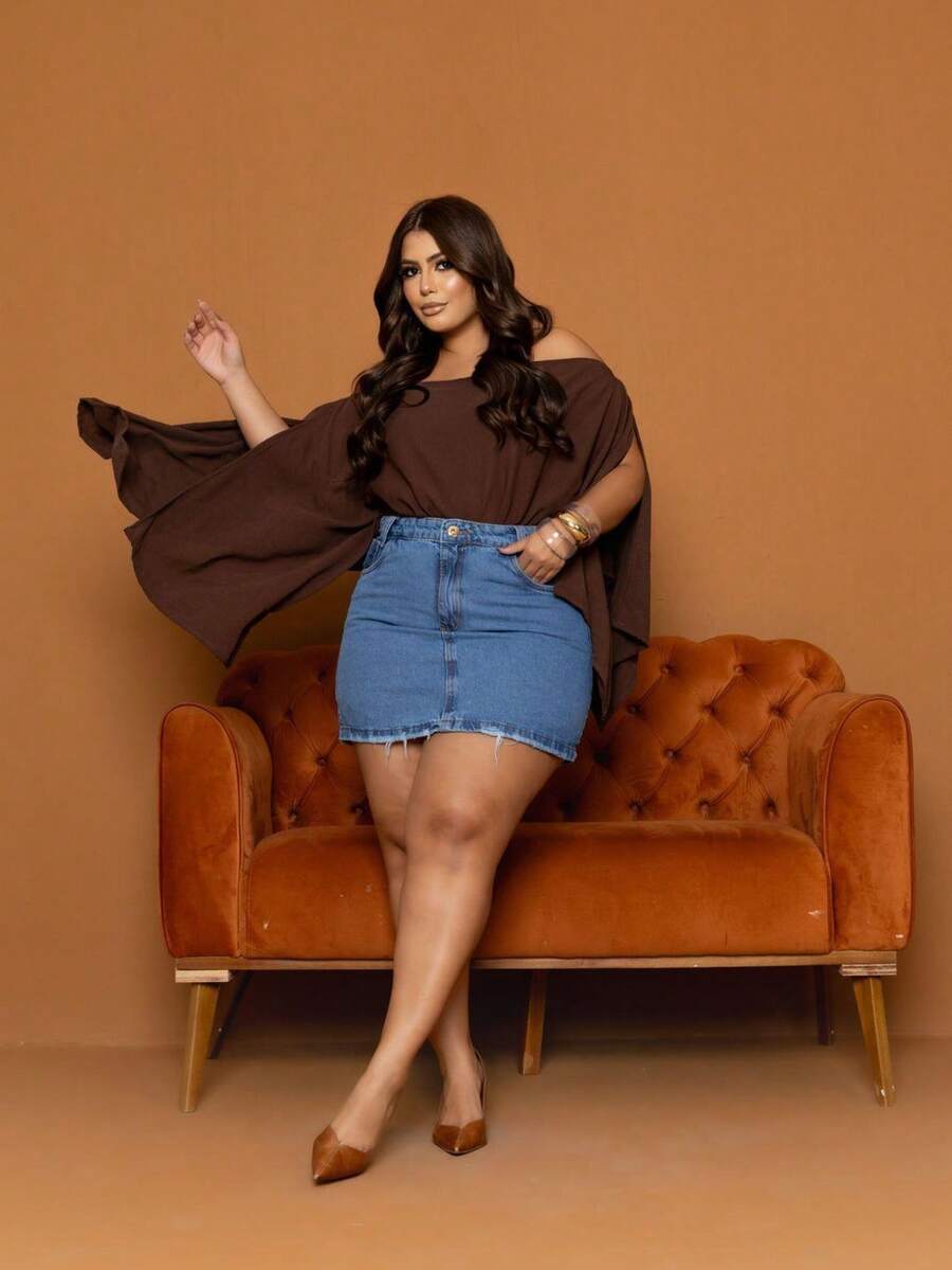 Women's Plus Size Plain Jeans Skirt - 藍色 - 查看 1
