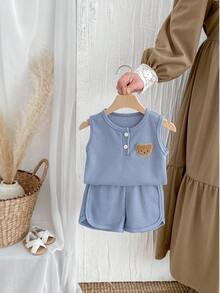 幼儿婴儿儿童无袖短裤两件套，华夫格纹理，男孩女孩开学夏季服装