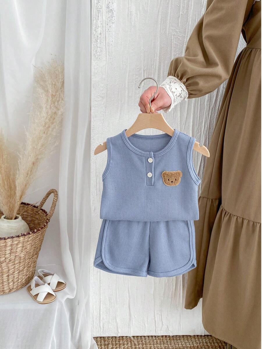 幼儿婴儿儿童无袖短裤两件套，华夫格纹理，男孩女孩开学夏季服装