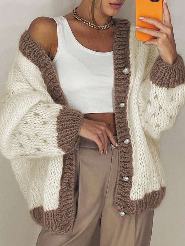 V-Neck Single-Breasted Contrast Color Loose Casual Knit Cardigan