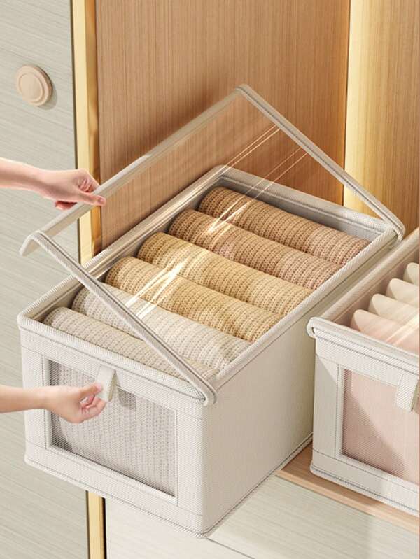 1 Stück beige bezogene Stoff Kleidung Aufbewahrungsbox, faltbare Schrank Organizer Box mit sichtbarem Fenster, Schubladenart Jeans Hosen Aufbewahrungsbox für Zuhause