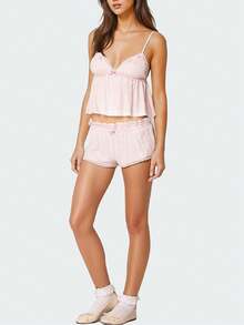 Lace Pajama Sets For Women 2 Piece Sexy Sleeveless Cami Tank Top And Shorts Pj Set Y2K Matching Lounge Sleepwear - Hồng - Xem 5