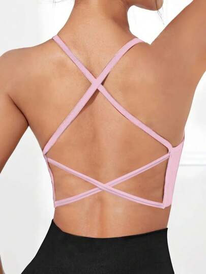 Piece Seamless Knit Ribbed Verleidelijke Bra, Wireless Cross Strap Backless Sports BH view 3