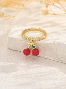 1 pieza Anillo abierto con colgante de frutas multiefecto de cobre con circonita cúbica, anillo sencillo de mujer, versátil para uso diario, trayecto, casual, regalo de vacaciones