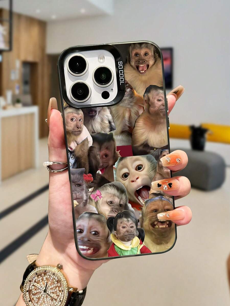 Expression 1pc Monkey Pattern Design TPU Soft Edge Phone Case Compatible With Iphone13/15/14/13/12/11/16/Galaxy/Redmi/OPPO/VIVO/INFINIX, Interesting Puzzle Waterproof Shockproof Anti-Fall Scratch Resistant - Light Grey - View 1