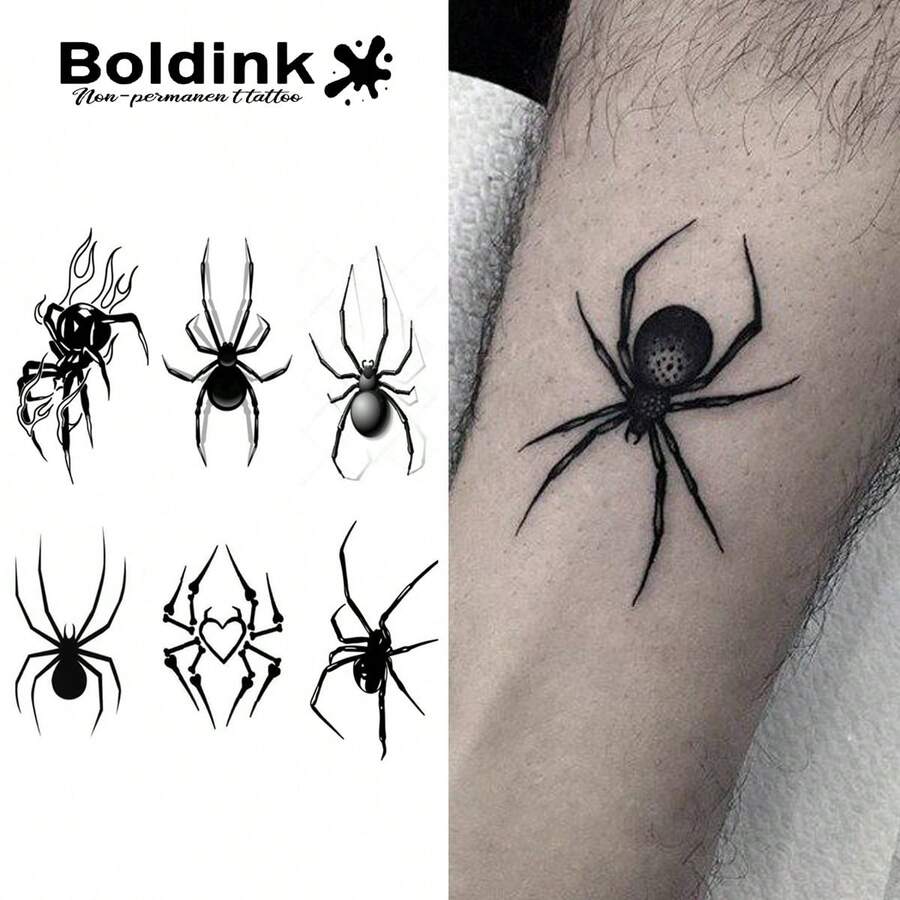 Boldink 非永久性纹身技术，逼真的蜘蛛设计，新型动物纹身图案，纹身贴纸，持续 1-2 周，精心设计的纹身，无光泽，绝佳的临时纹身选择，适用于手和脚，防水