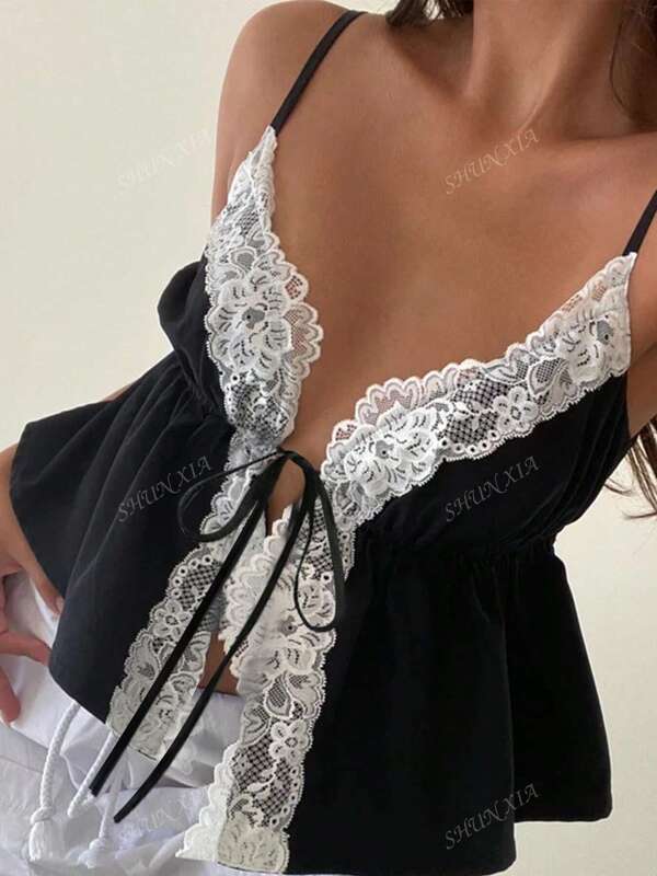 Woven Fabric & Lace Patchwork Backless Strap Camisole, For Beach & Travel, Spring/Summer