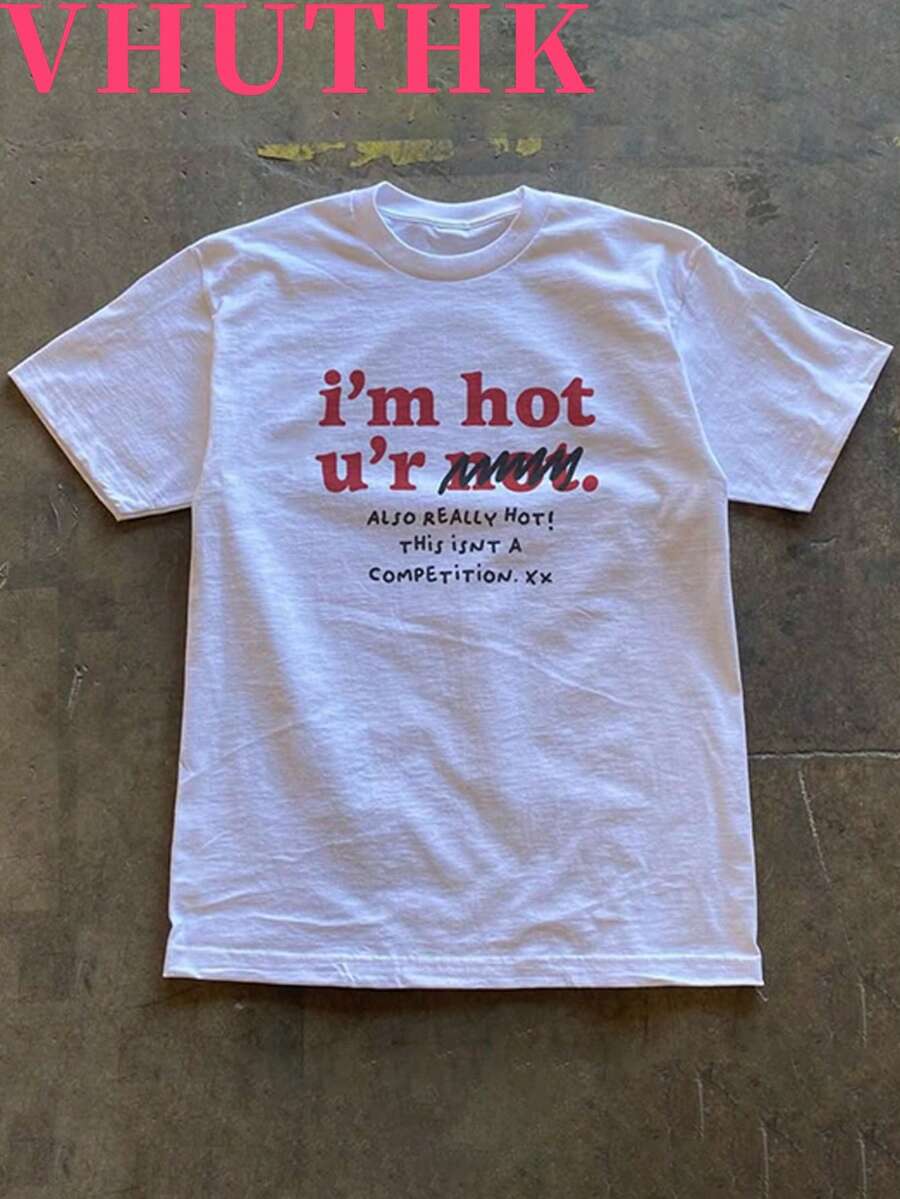 (220 Pure Cotton Shirt) 'i'm Hot U'r Mmm.' Letter Print Men's Summer Round Neck Short Sleeved Casual Pure Cotton Print - 白色 - 查看 1