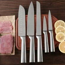 Ensemble de 5 pièces de couteaux à poignée ronde en acier, couteau de chef en acier inoxydable, couteau à pain, couteaux multifonctions pour couper les légumes, la viande, les fruits et le pain
