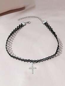 Dark Punk Style Lace Lace Sparkling Rhinestone Cross Women's Neck Necklace - Black - View 6