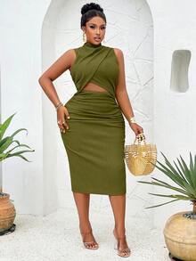 BIUBIU Fashionable Cutout Waist Elegant Bodycon Dress - 水綠色 - 查看 5