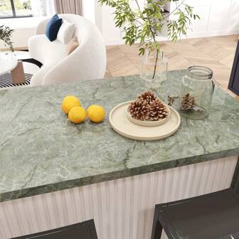 Self-Adhesive Vinyl Marble Wallpaper, Green Brick Stone And Wood Style, Waterproof Glossy Peel And Stick, Detachable For Kitchen Countertops, Cabinets, Bedroom, Shelf Liner – Easy Install, Durable