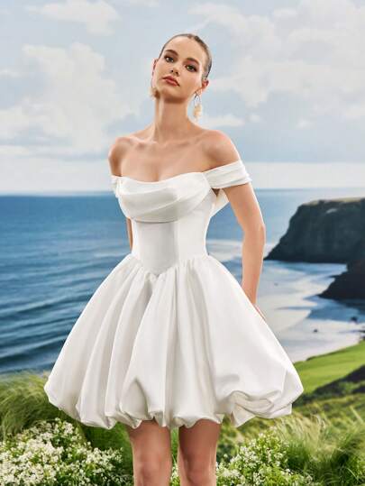 Vestido de chá de panela simples de cetim brilhante com ombros de fora, saia bufante em linha A, adequado para festa única, casamento, formatura, férias, vestido de presente de noiva